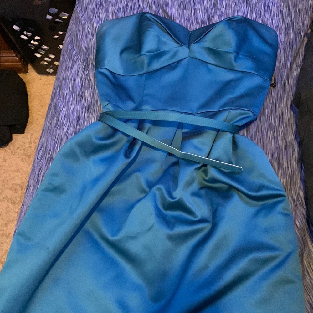 strapless teal dress